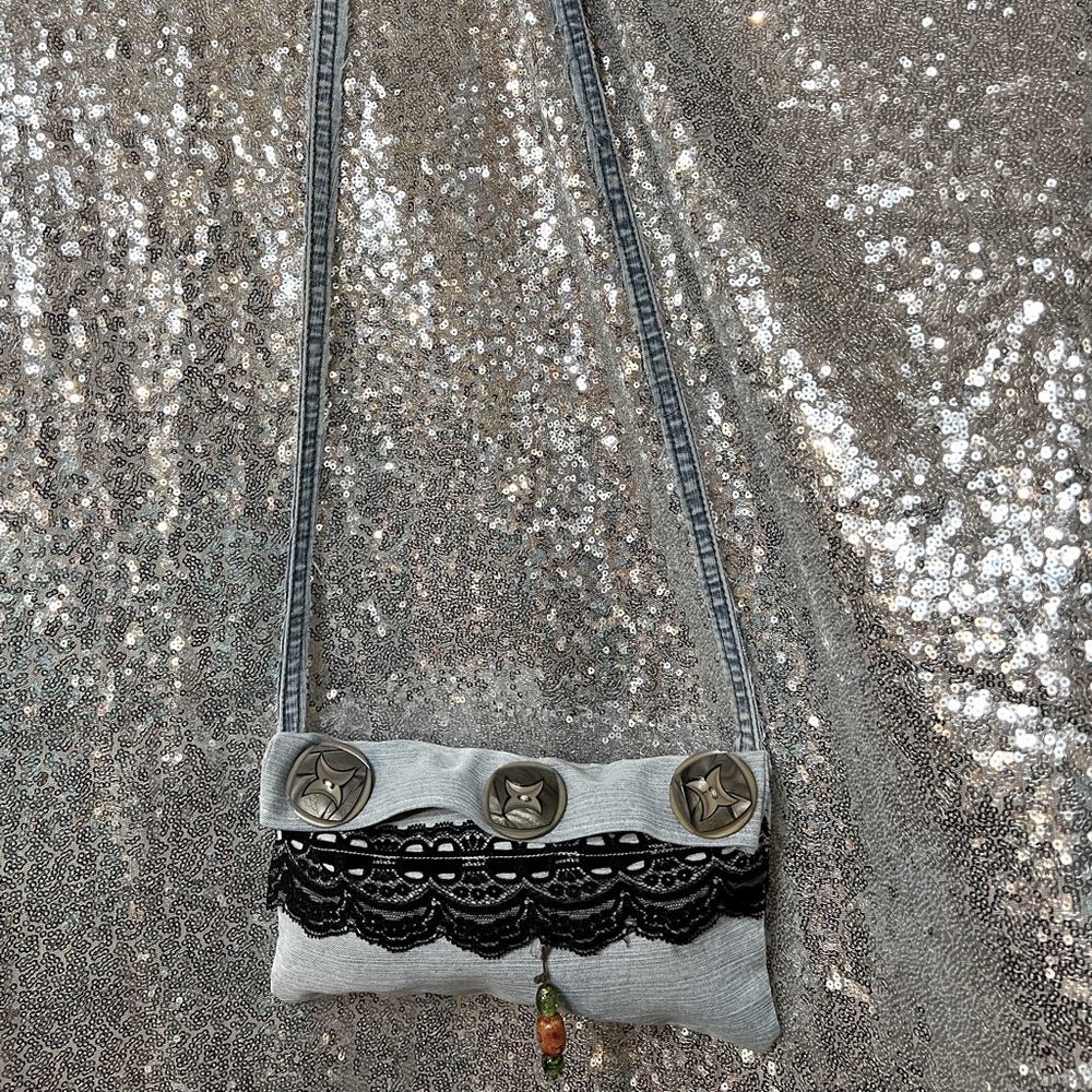 BOHO denim and lace purse, handcrafted, crossbody